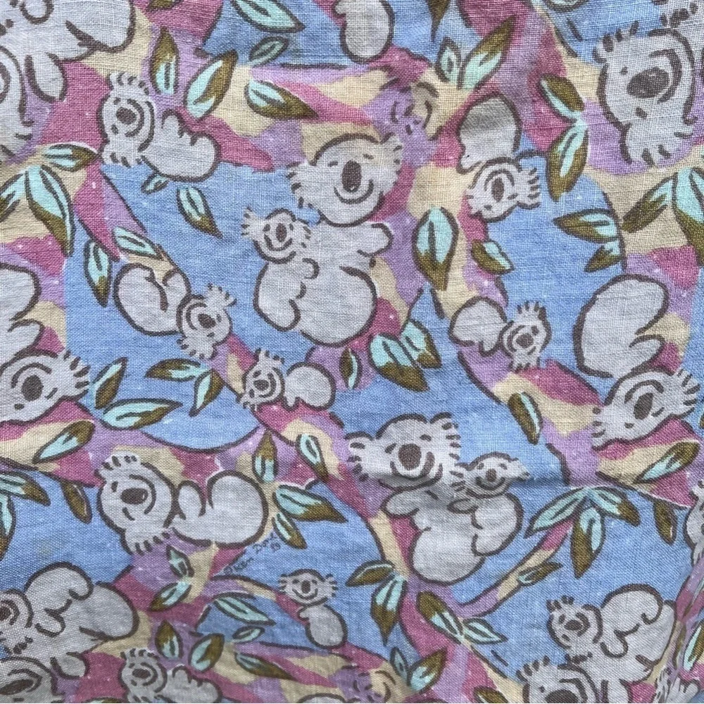 Vintage Ken Done Happy Koala Print Pure Linen Tea Towel Pastel Blue Pink 17 x 29